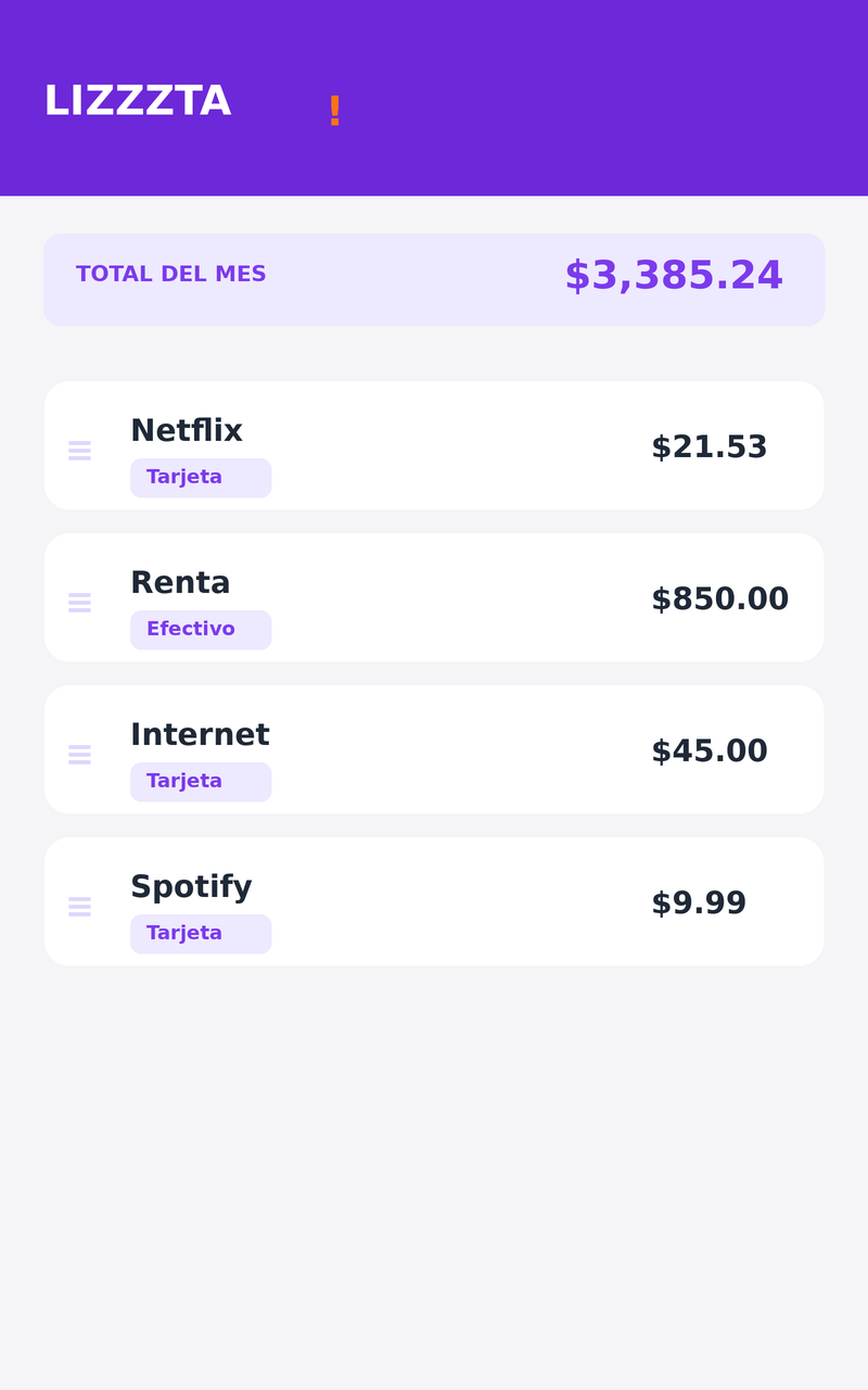 Vista de registro de pagos en Lizzzta