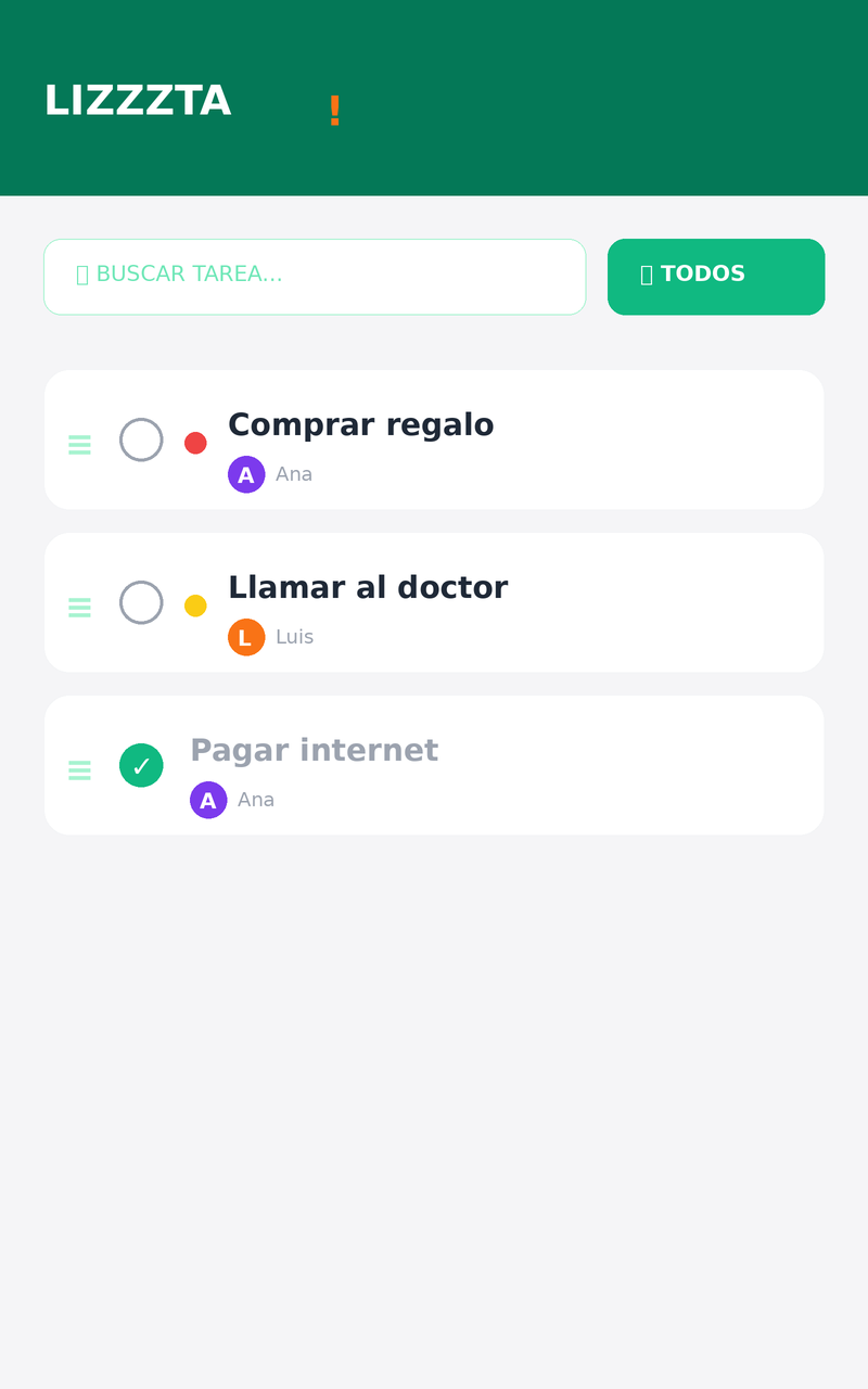 Vista de lista de tareas en Lizzzta